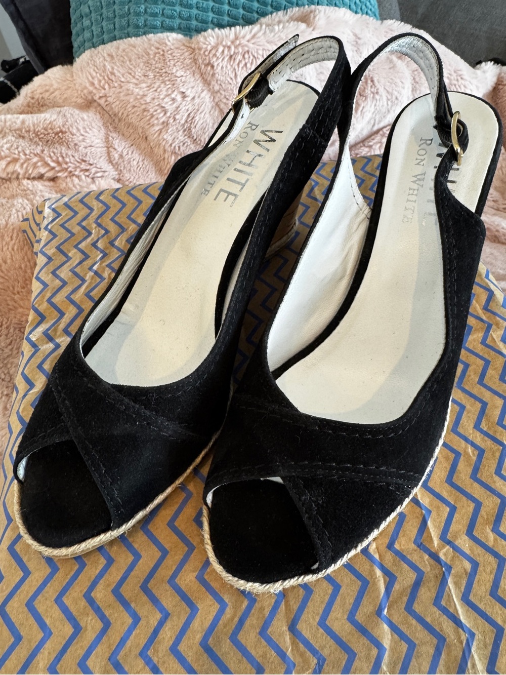 WHITE by Ron White Black Suede Slingback Wedges